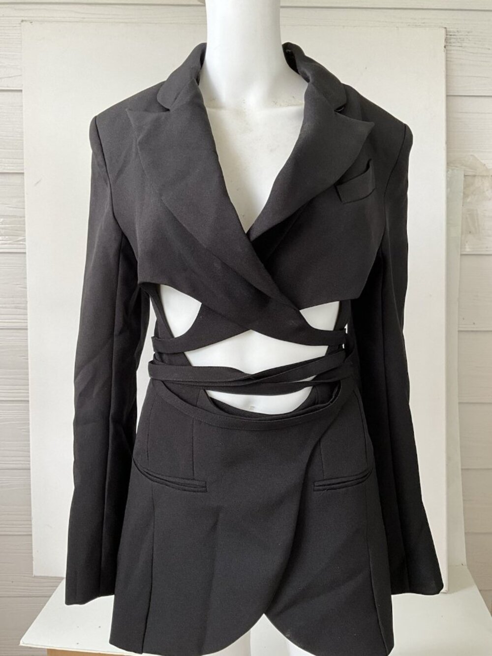 Black Cutout Blazer Dress Open Back Wrap Waist Long Sleeve Mini Dress Size S - Picture 4 of 9